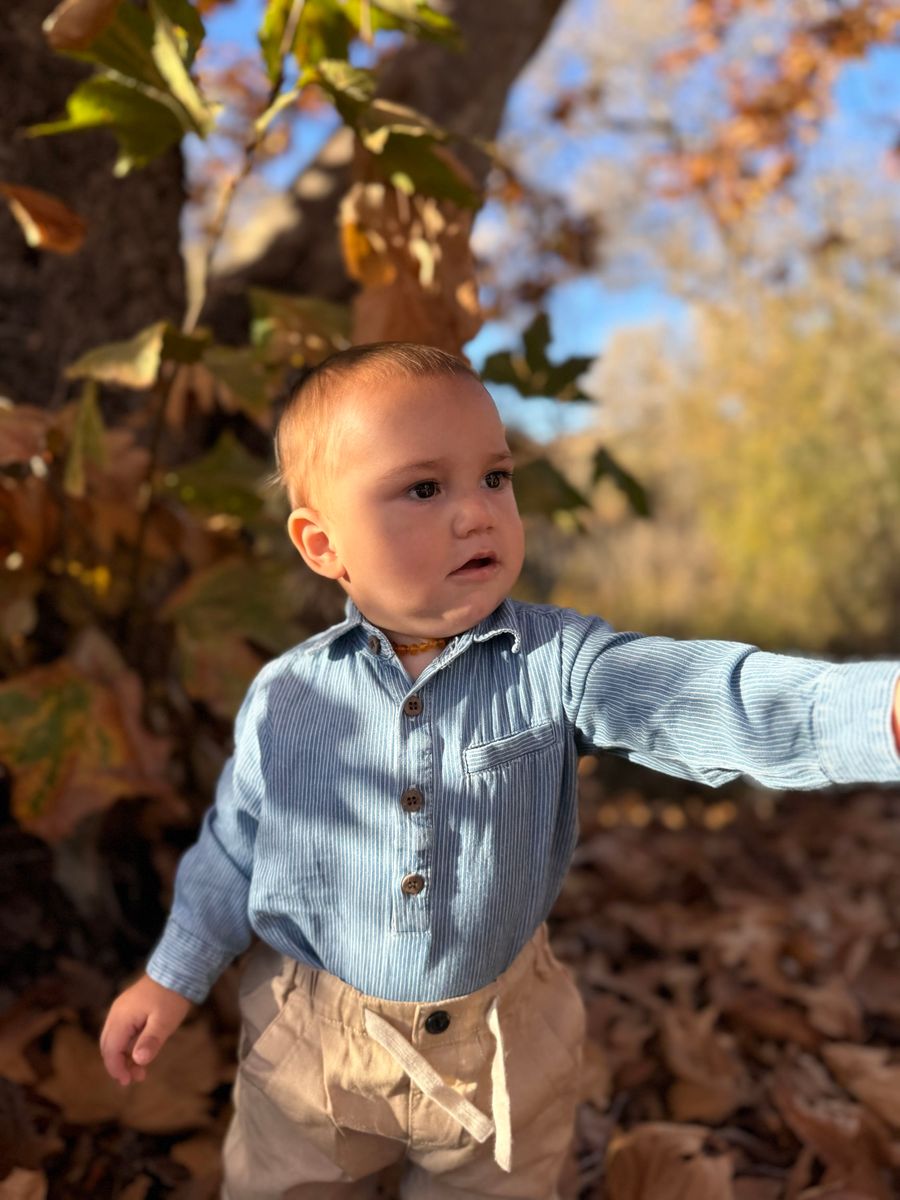 JASPER Woven Onesie - Blue/Thin White Stripe
