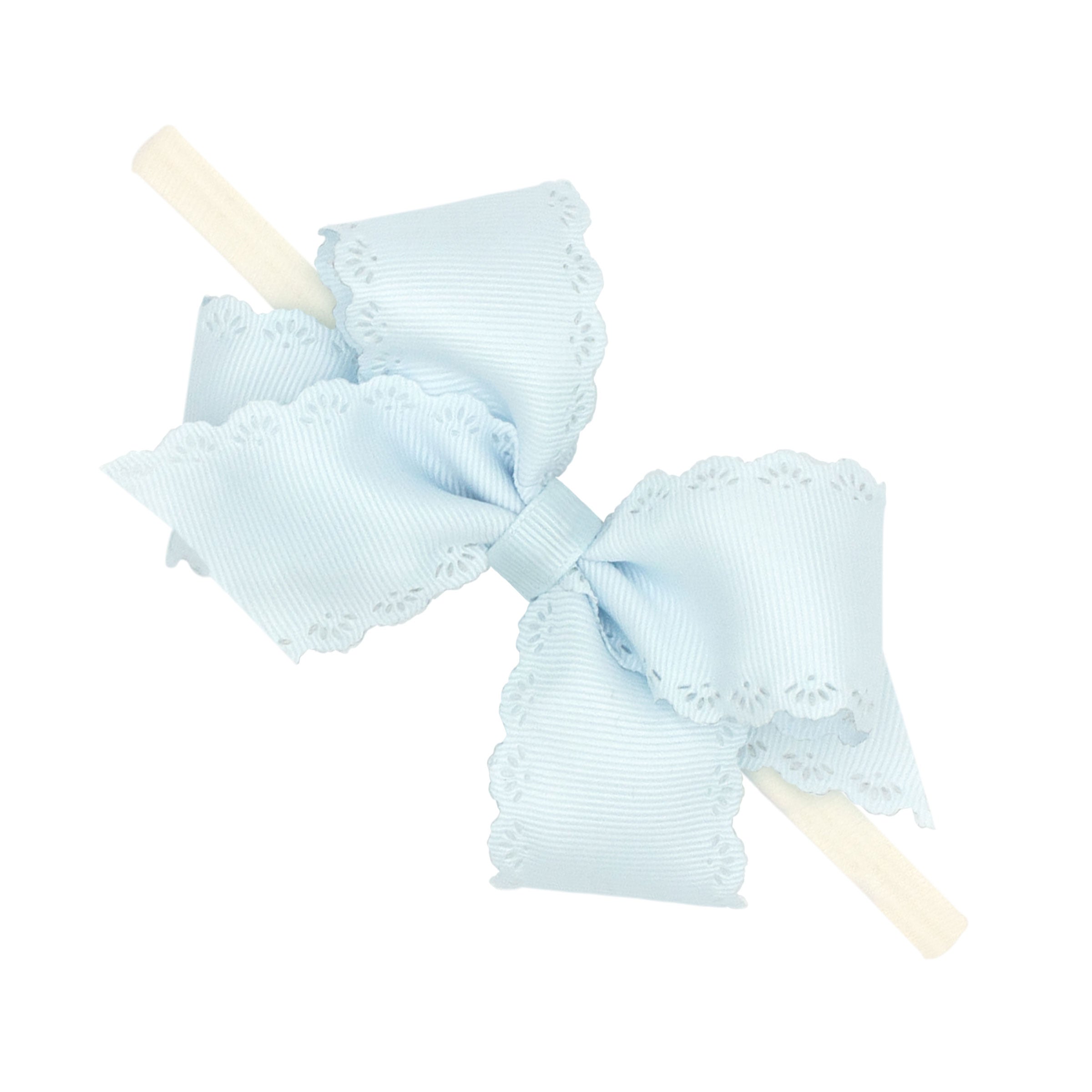 Small Grosgrain Hair Bow with Embossed Eyelet Edge on White Nylon Band