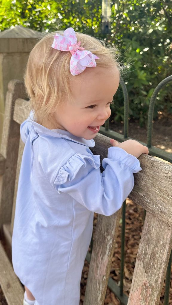 Mini Easter Bunny Print Hair Bow with Small Puff Tail Backside Bunny