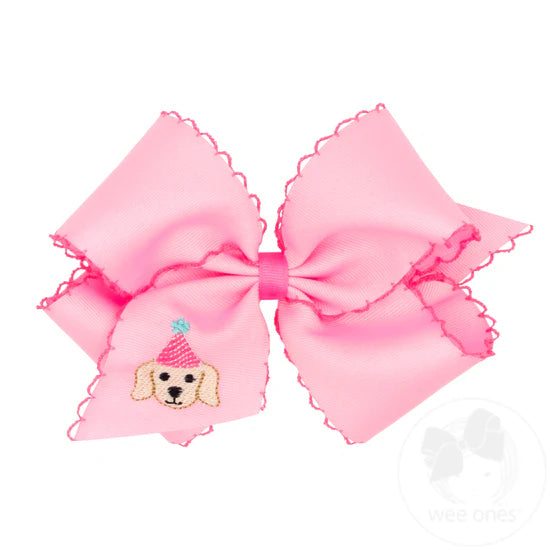 King Birthday Puppy Embroidered Moonstitch Edge Hair Bow