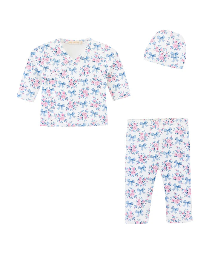 Blue Floral Bows Printed Take Me Home w/ Hat Set