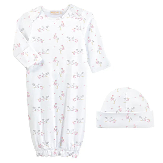 Tiny Storks Printed Gown + Hat Set